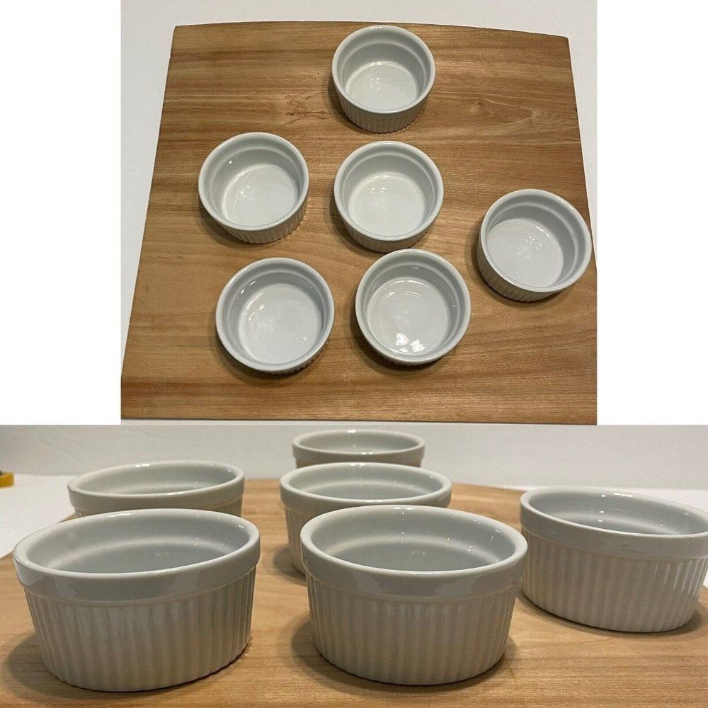 6- Ramekin Dish Baking Souffle Bowl White Ribbed Pier One Dipping Bowl